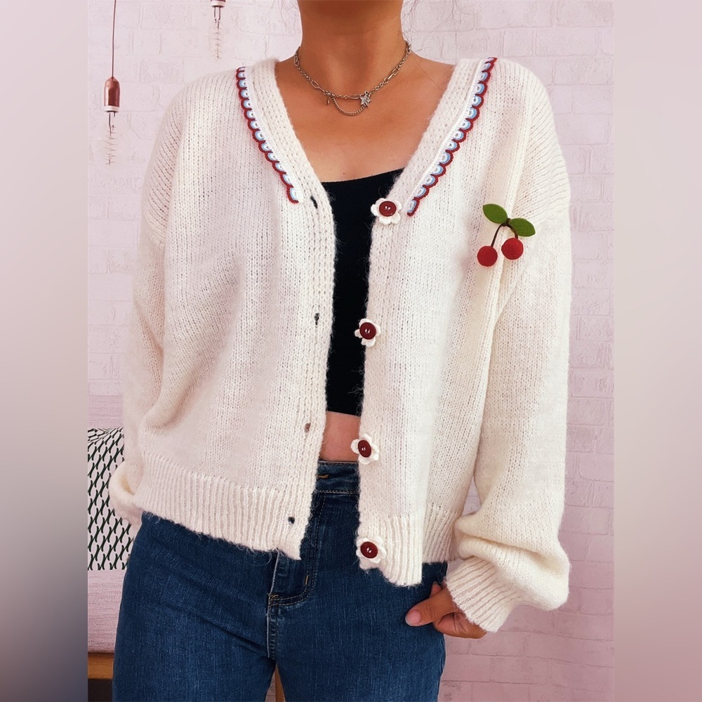 Cherry Button-Front Long Sleeve Cardigan - Picture 4 of 10